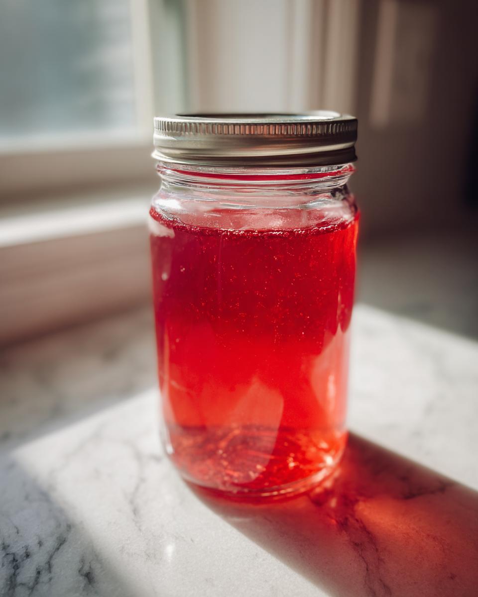 A glass mason jar filled with vibrant, deep red Strawberry Rhubarb Soda Syrup sitting on a white marble surface.