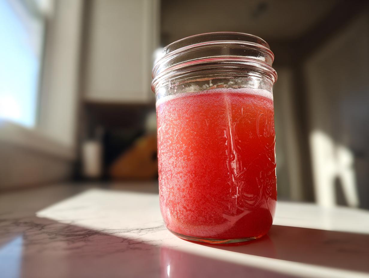 A glass mason jar filled with vibrant red Strawberry Rhubarb Soda Syrup, catching bright sunlight on a kitchen counter.