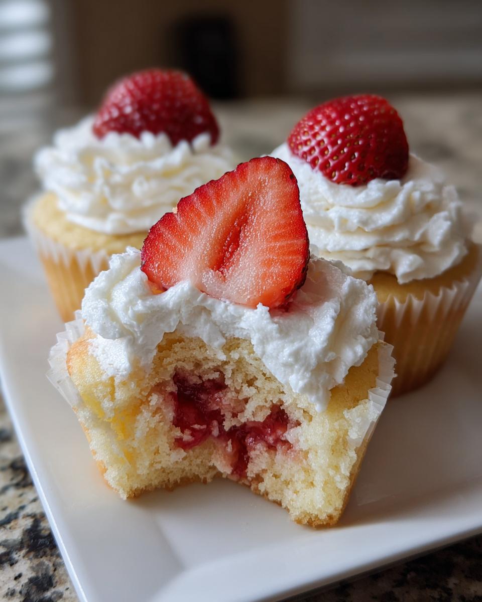 Close-up of a strawberry shortcake cupcake with a bite taken out, revealing strawberry filling and topped with whipped cream.