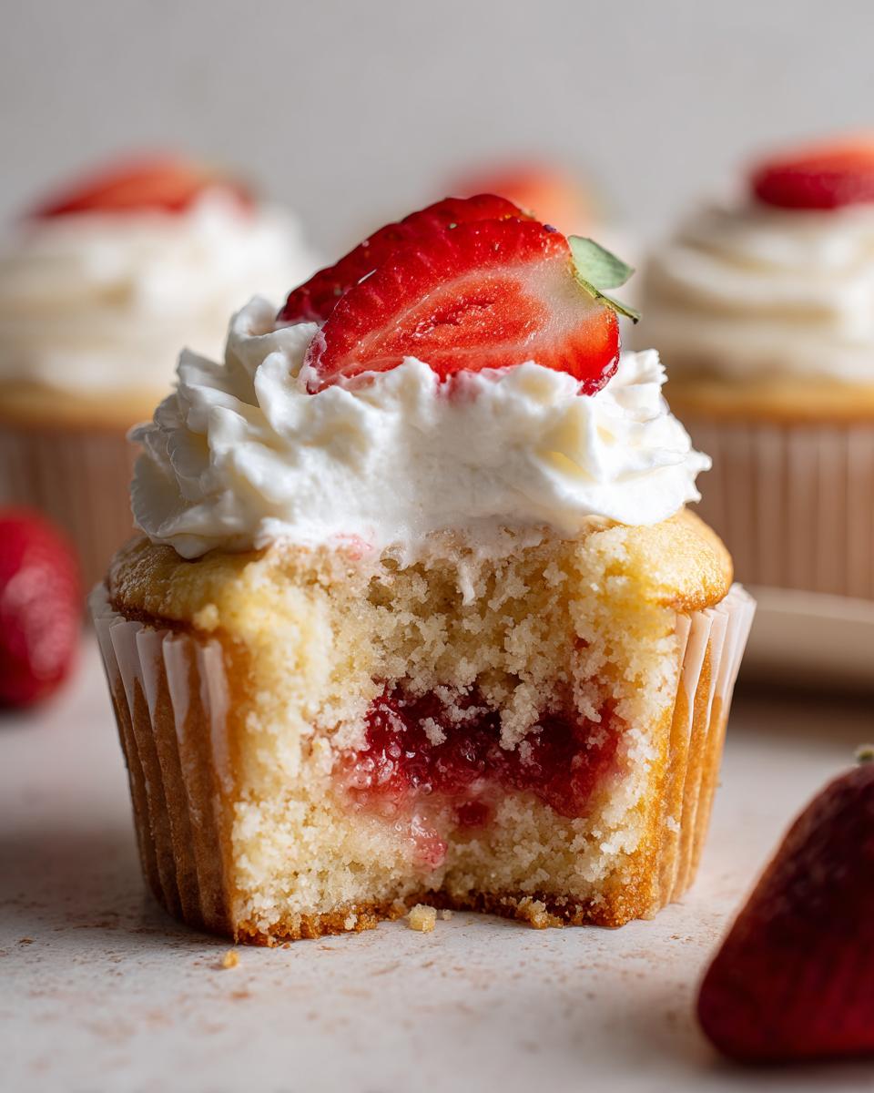 Close-up of a strawberry shortcake cupcake with a bite taken out, revealing strawberry filling, topped with whipped cream and a fresh strawberry slice.