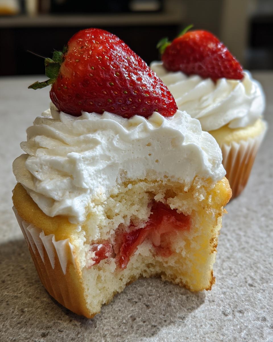 Close-up of a strawberry shortcake cupcake with a bite taken out, revealing strawberry filling, topped with whipped cream and a fresh strawberry.