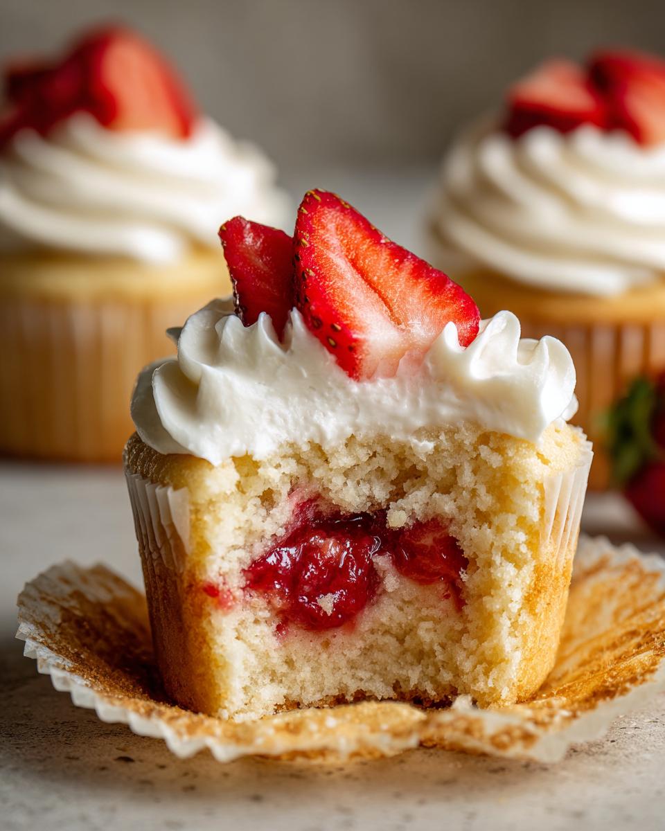 Close-up of a strawberry shortcake cupcakes cut in half showing the jam filling, white frosting, and fresh strawberry slices.