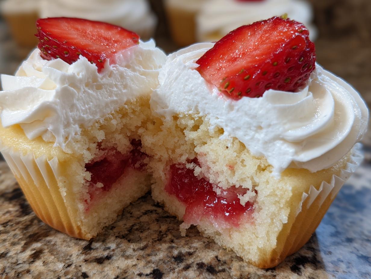 Close-up of a strawberry shortcake cupcakes cut in half showing the vanilla cake, strawberry filling, and whipped cream topping.