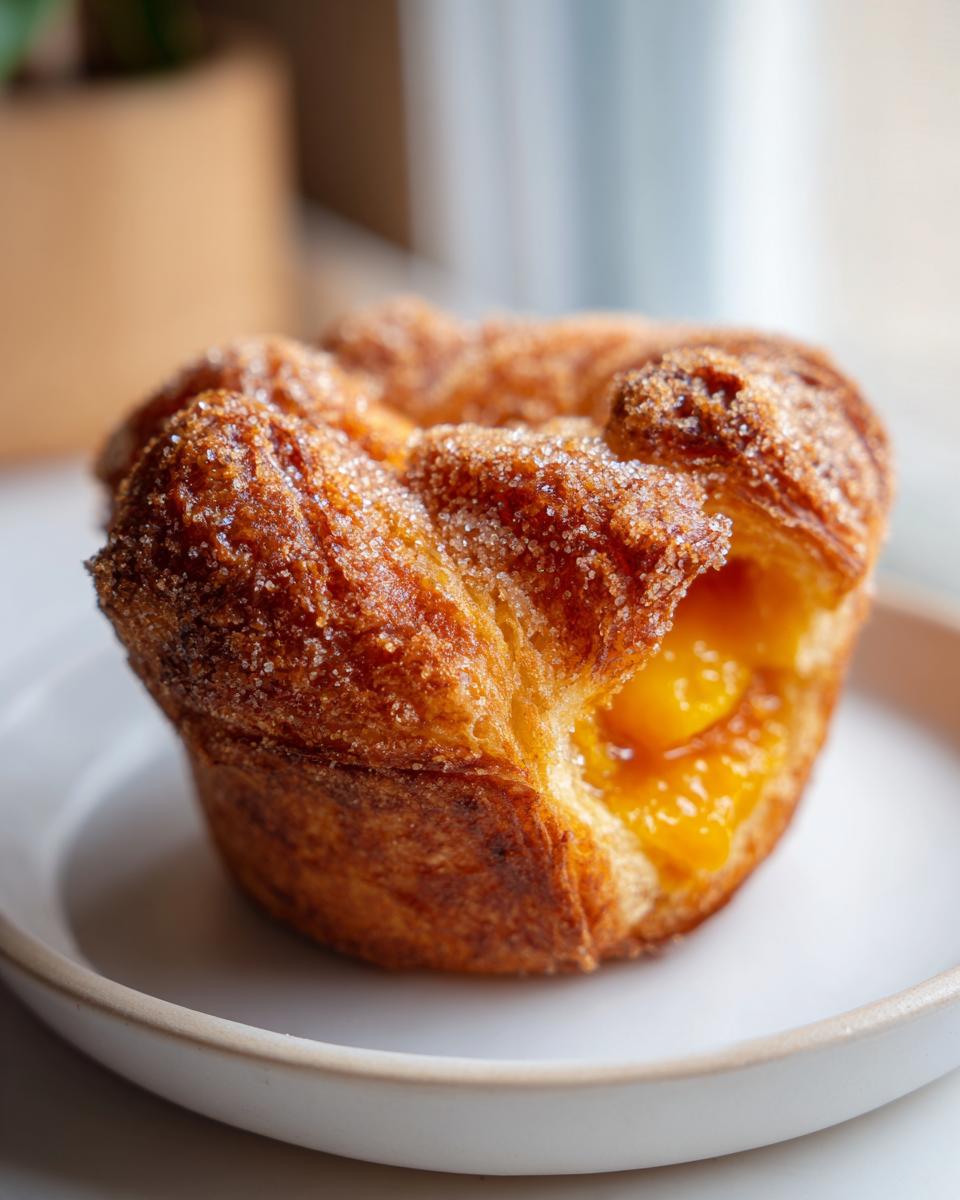 A close-up of a golden brown, sugar-crusted peach cruffins pastry showing the bright orange peach filling inside.