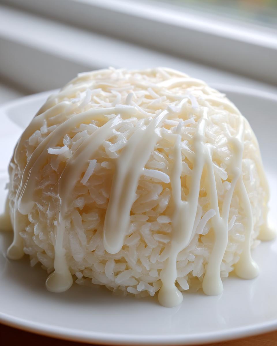 A dome-shaped serving of sticky thai coconut rice topped with shredded coconut and a sweet cream drizzle.