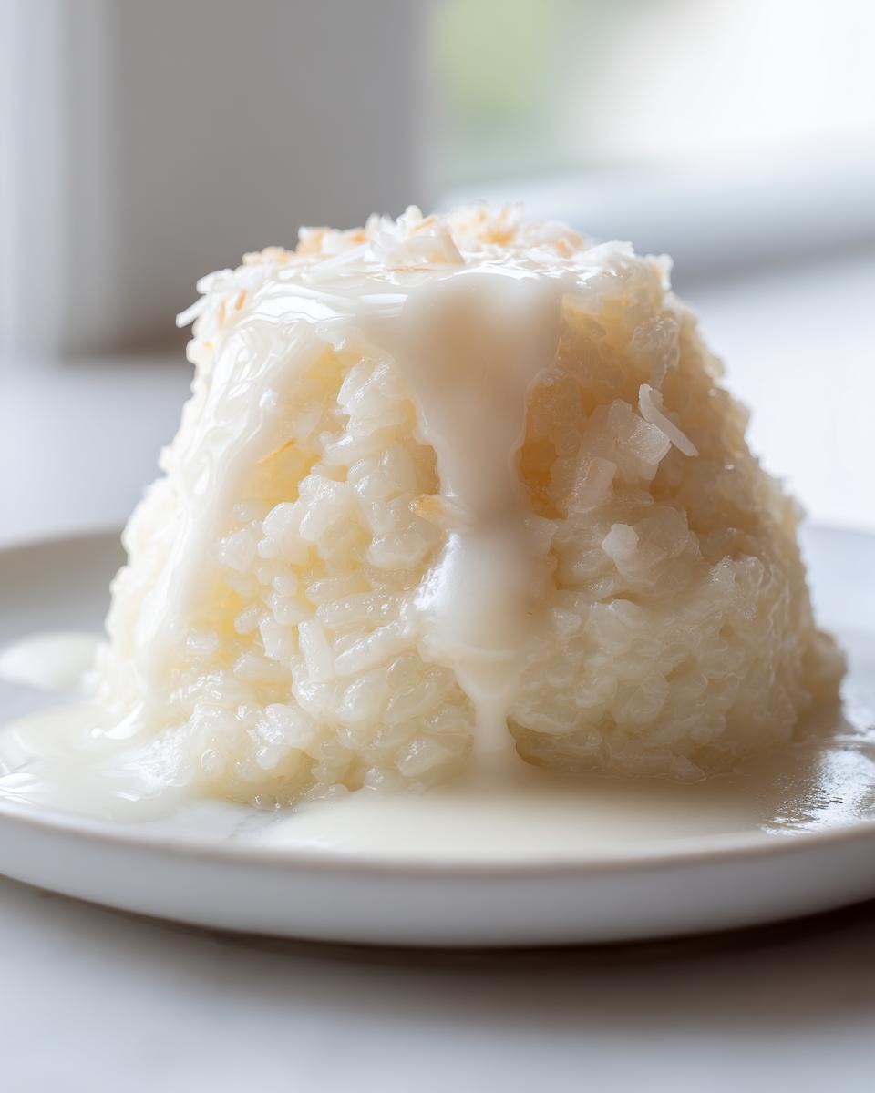 A molded serving of sticky thai coconut rice topped with a drizzle of thick coconut cream and toasted flakes.