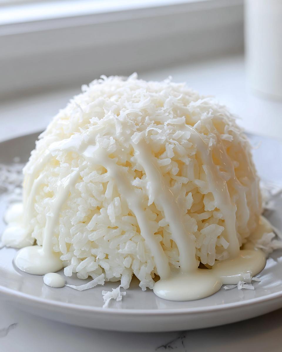 A mound of fluffy thai coconut rice topped with shredded coconut and a drizzle of sweet white sauce.