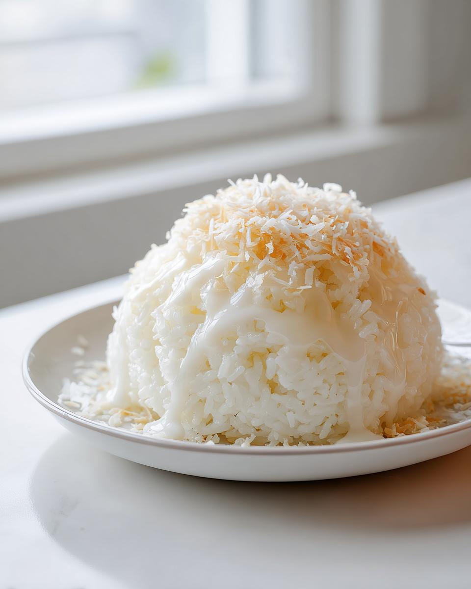 A mound of fluffy thai coconut rice drizzled with sweet sauce and topped with toasted coconut flakes.
