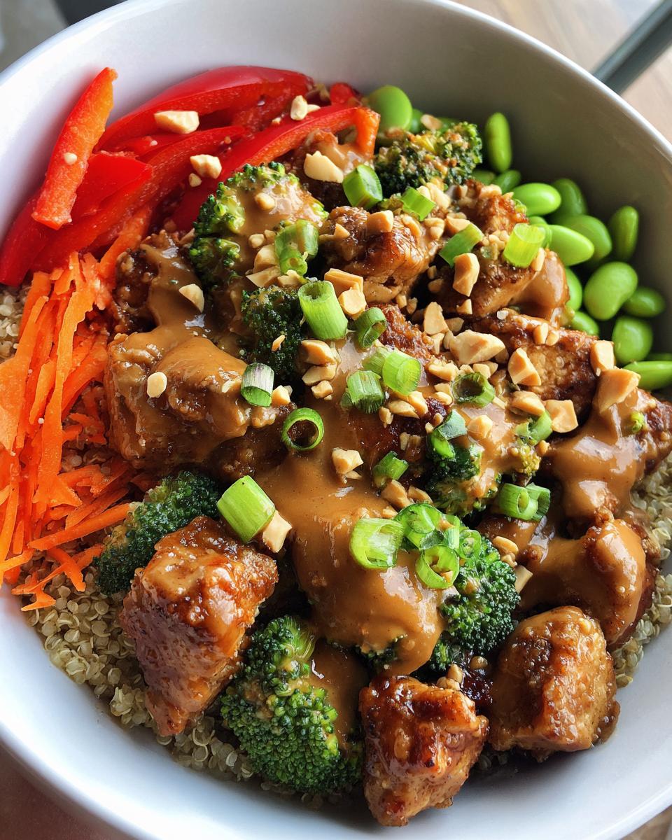 A close-up view of a vibrant thai peanut chicken buddha bowl featuring chicken pieces, broccoli, edamame, carrots, and peanut sauce over quinoa.