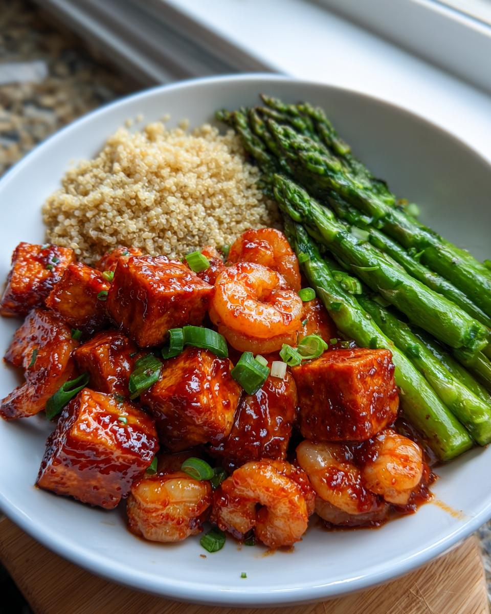 Close-up of a tofu and shrimp protein bowl featuring saucy tofu and shrimp, quinoa, and bright green asparagus spears.