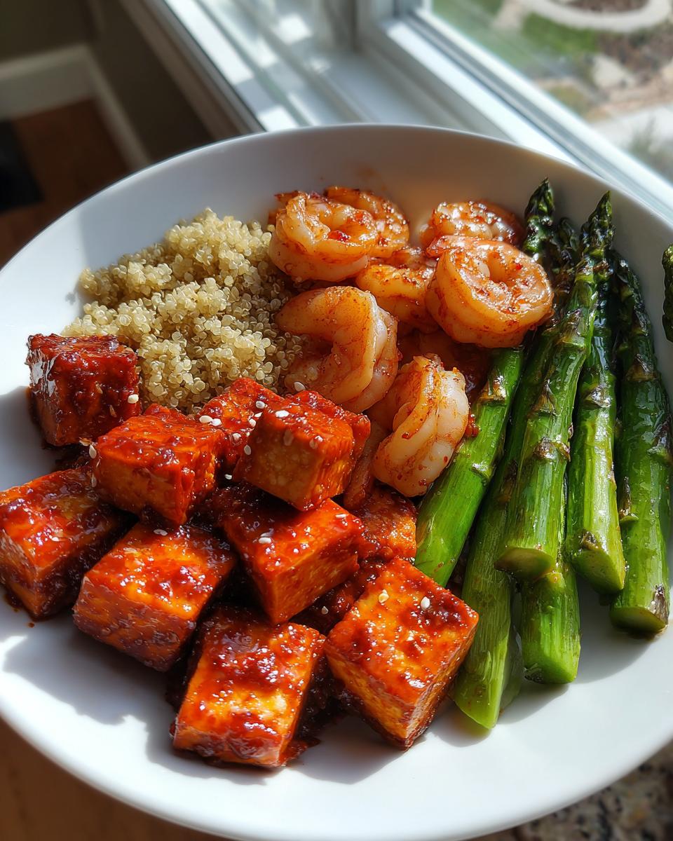 Close-up of a vibrant tofu and shrimp protein bowl featuring glazed tofu, seasoned shrimp, quinoa, and bright green asparagus.