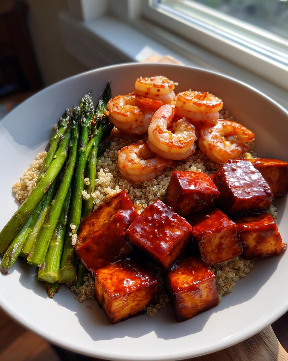 A close-up of a healthy tofu and shrimp protein bowl served over quinoa with bright green asparagus.