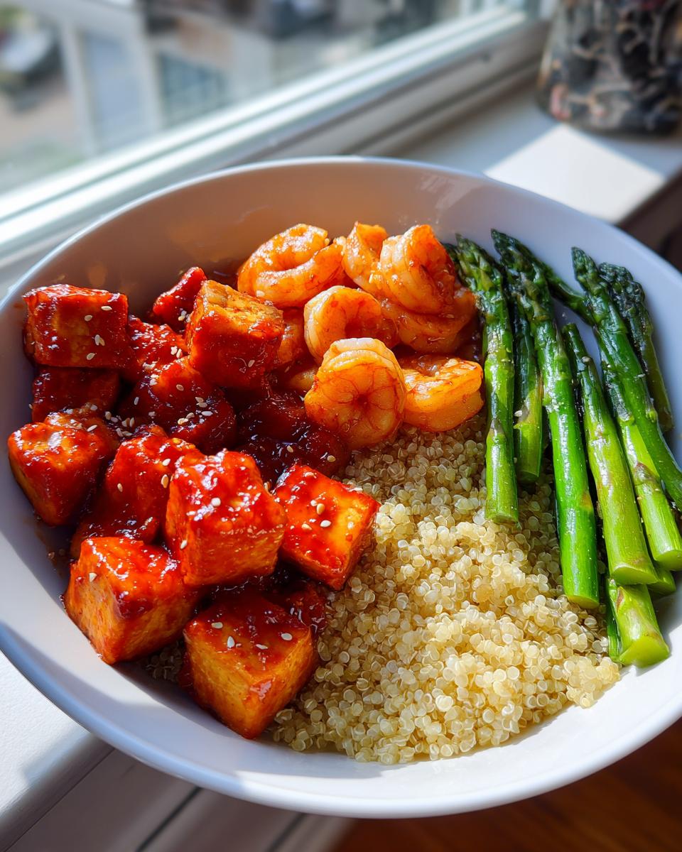 A close-up of a healthy tofu and shrimp protein bowl featuring glazed tofu, shrimp, quinoa, and bright green asparagus.
