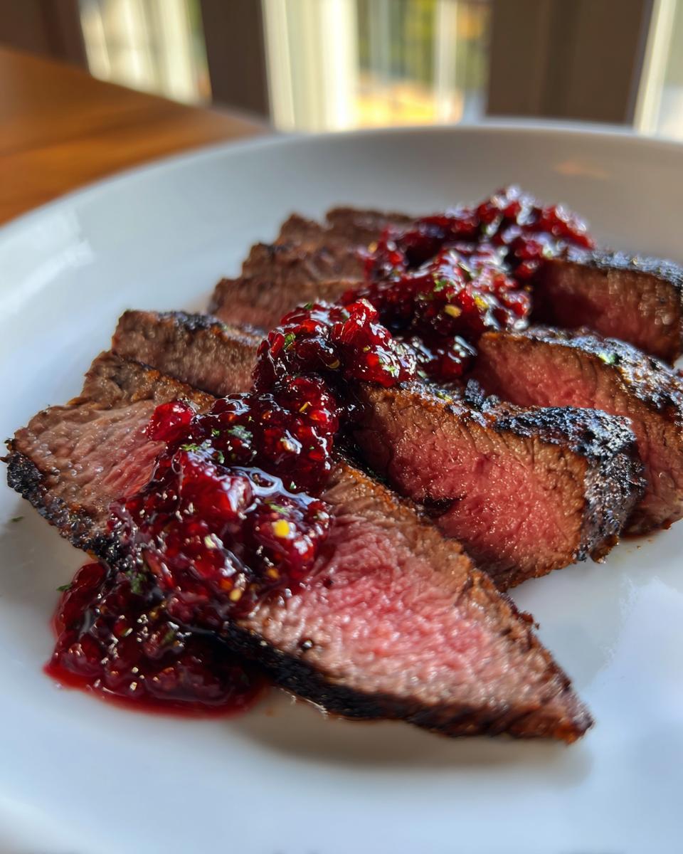 Perfectly cooked, medium-rare Tri-Tip Steak sliced and topped with a vibrant Savory Rhubarb Sauce.