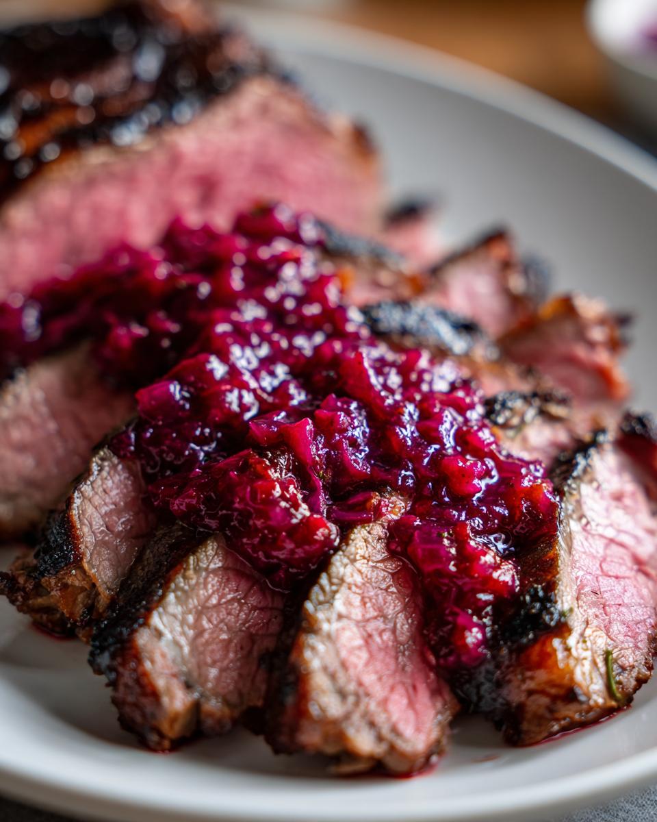Close-up of medium-rare Tri-Tip Steak sliced and topped with vibrant Savory Rhubarb Sauce.