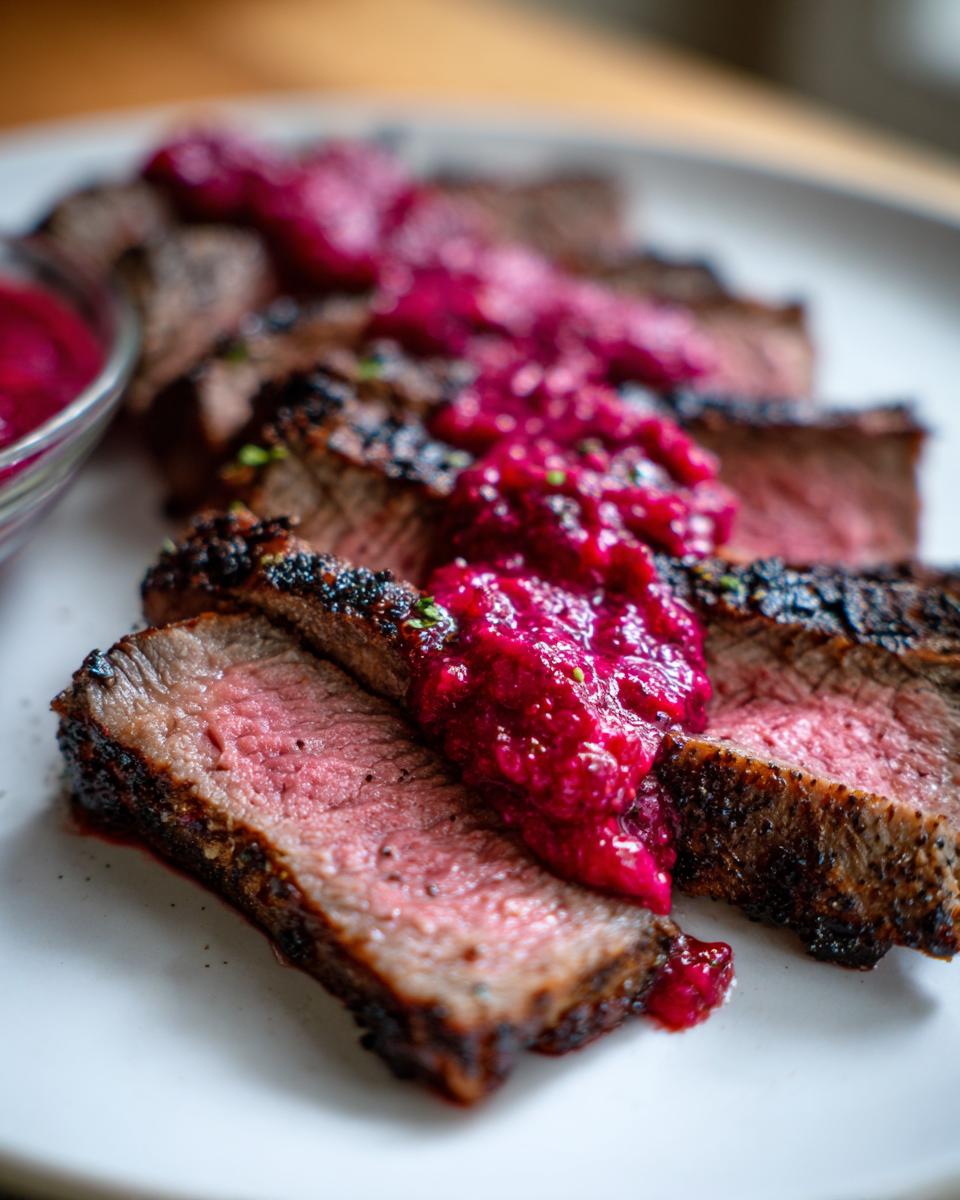 Close-up of medium-rare Tri-Tip Steak slices topped with vibrant Savory Rhubarb Sauce.