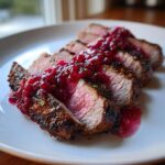 Perfectly cooked, medium-rare Tri-Tip Steak sliced and topped with a vibrant Savory Rhubarb Sauce.
