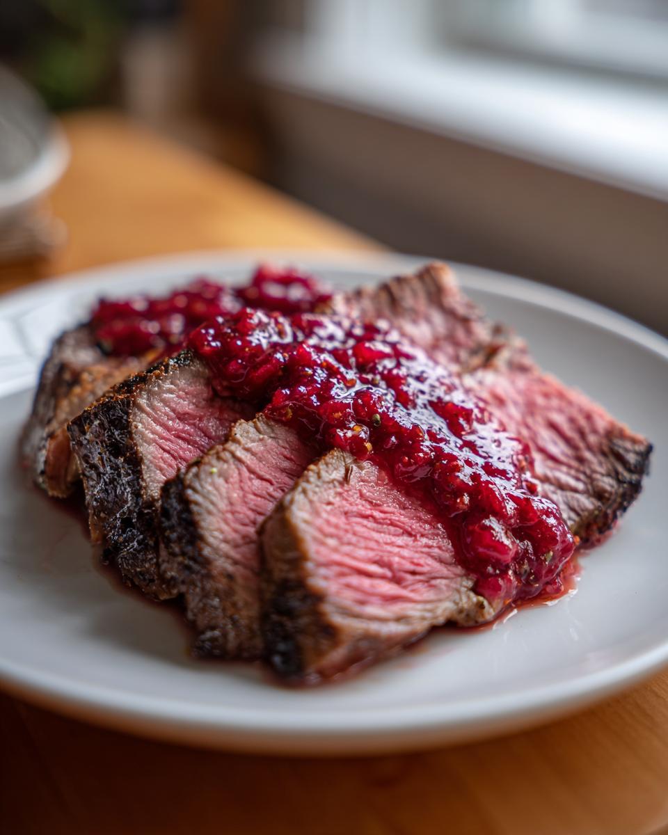 Three slices of perfectly cooked Tri-Tip Steak with Savory Rhubarb Sauce on a white plate.