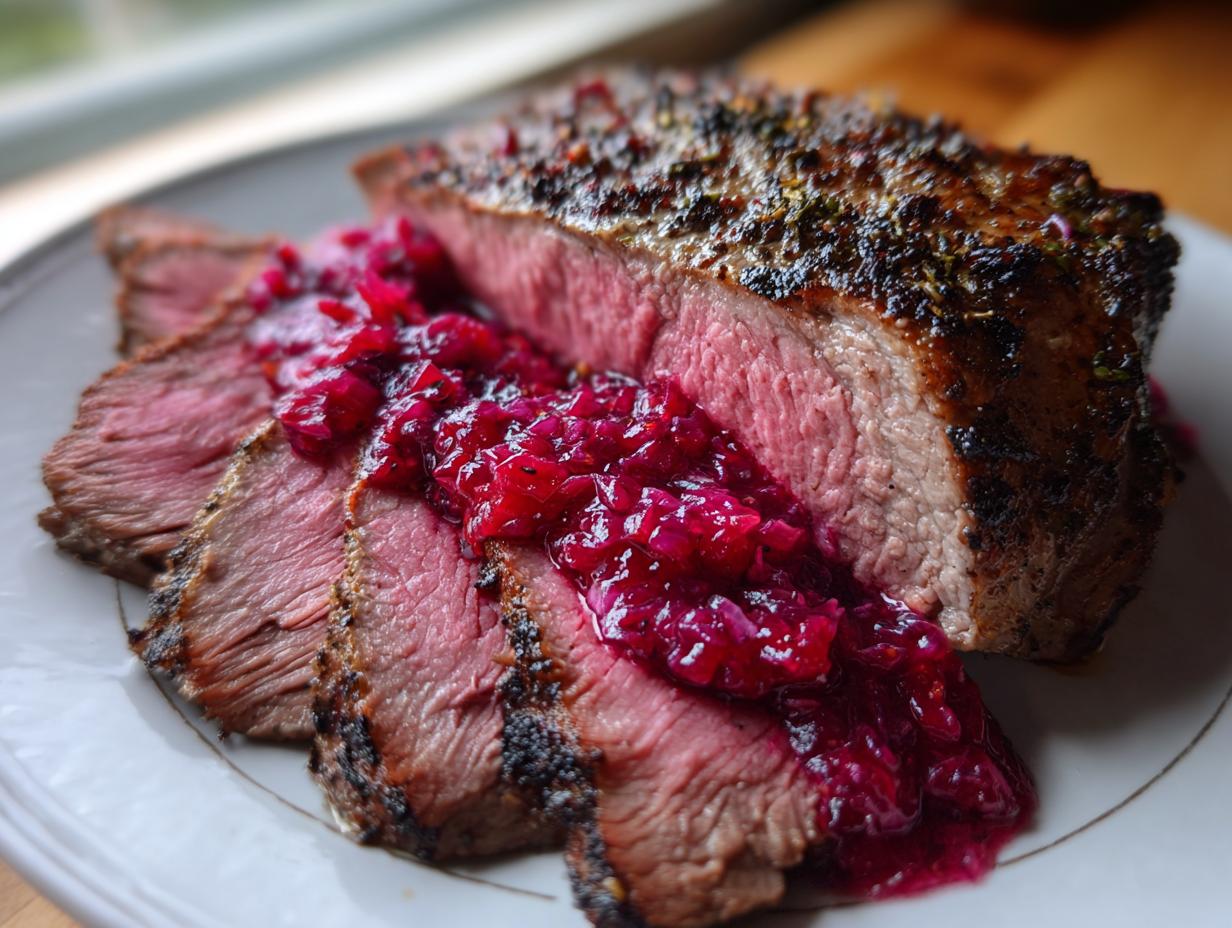 Perfectly cooked Tri-Tip Steak with Savory Rhubarb Sauce spooned over medium-rare slices.
