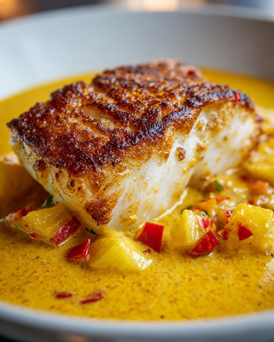 Close-up of a perfectly seared piece of tropical grouper resting in a vibrant yellow spicy coconut sauce with diced mango and red peppers.