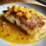 Close-up of seared tropical grouper fish fillet topped with pineapple salsa, sitting in a vibrant yellow spicy coconut sauce.