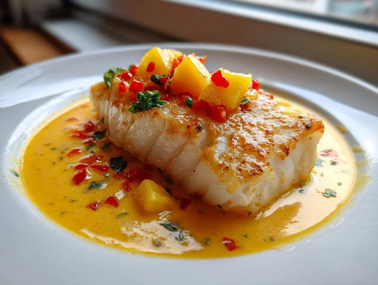 A perfectly seared fillet of tropical grouper resting in a rich, yellow spicy coconut sauce, topped with mango and red chili.