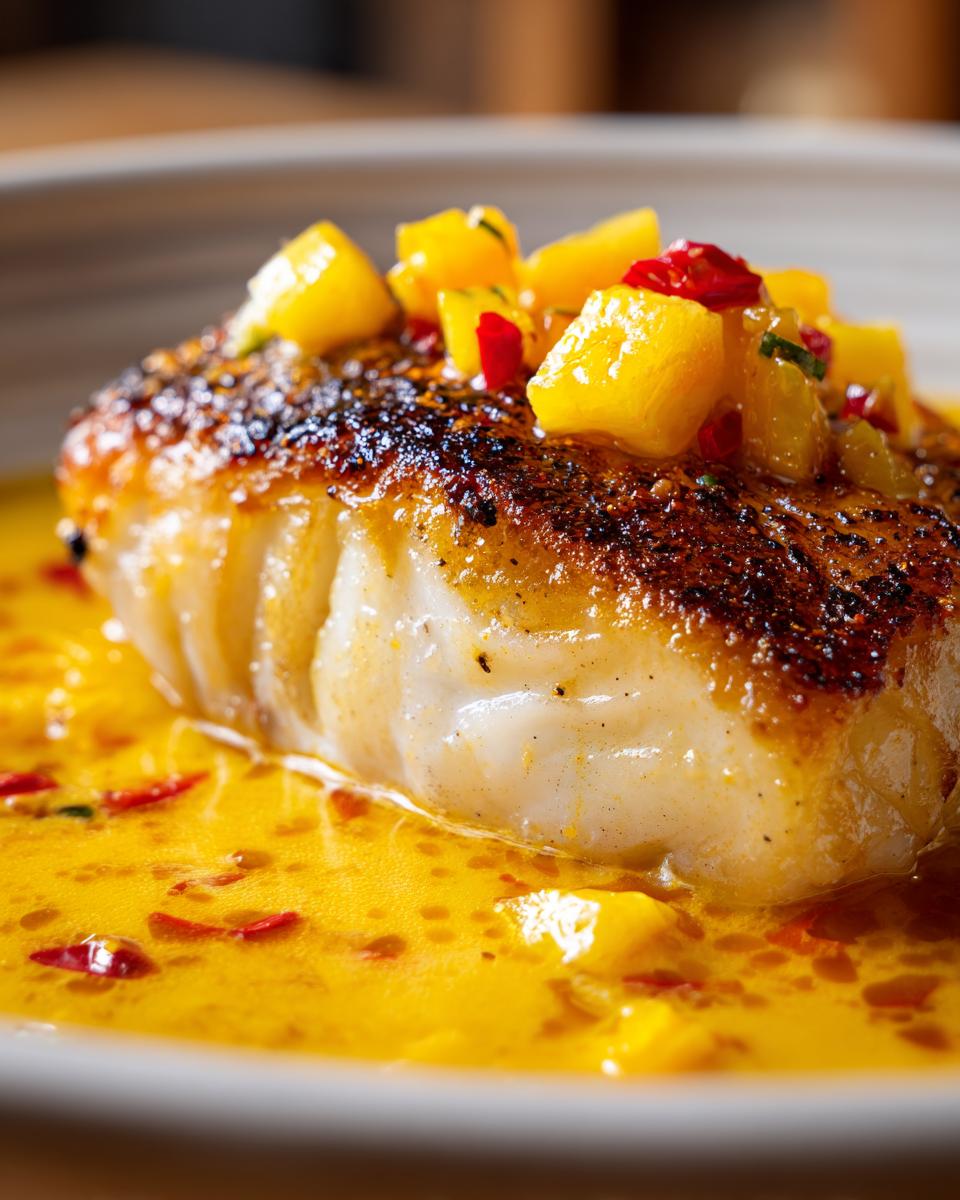 Close-up of perfectly seared tropical grouper topped with mango salsa, sitting in a vibrant spicy coconut sauce.
