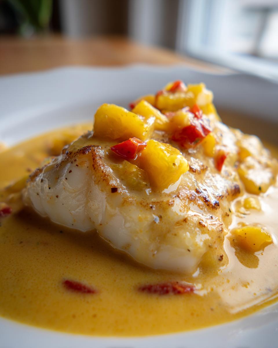 A perfectly seared fillet of tropical grouper served in a rich, yellow spicy coconut sauce, topped with diced mango and red peppers.