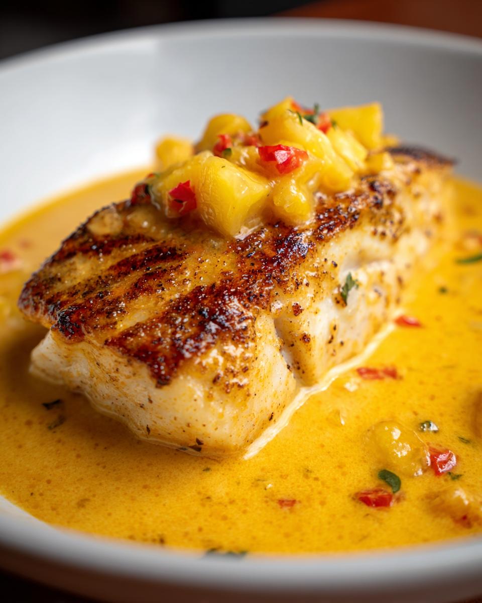 Close-up of a perfectly seared tropical grouper fillet sitting in a rich, yellow spicy coconut sauce, topped with pineapple salsa.
