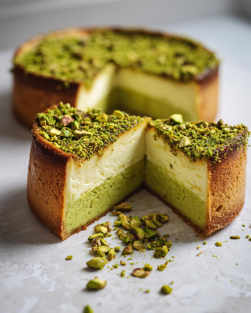 Close-up of a slice of two-layer pistachio cheesecake, topped with crushed pistachios.