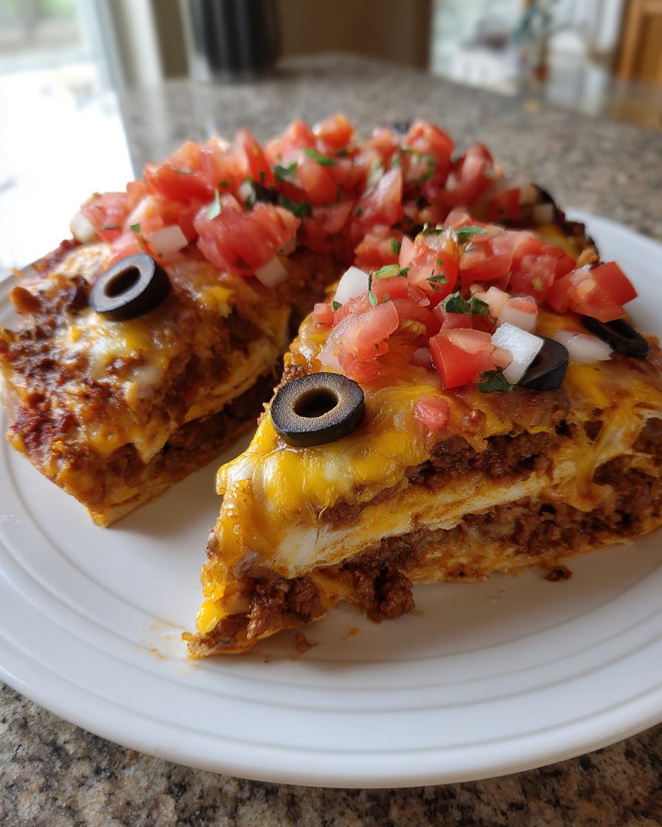 Two slices of layered mexican pizza topped with melted cheese, pico de gallo, and black olives on a white plate.