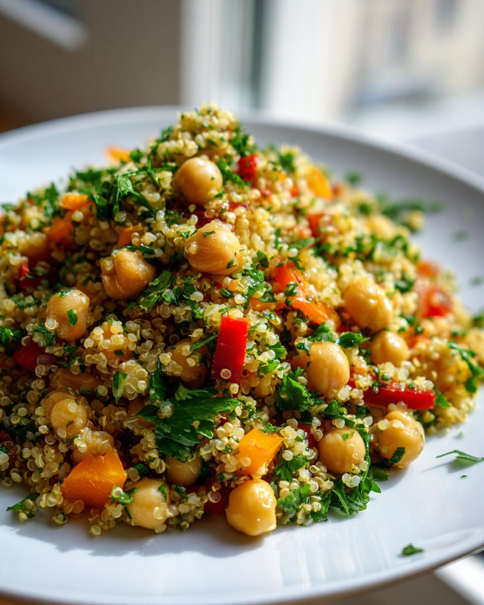 Close-up of a bright chickpea quinoa salad piled high on a white plate, featuring chickpeas, red pepper, and parsley.