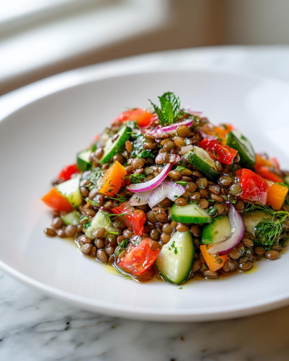 A close-up of a vibrant lentil salad featuring brown lentils, chopped cucumber, tomato, red onion, and mint garnish.