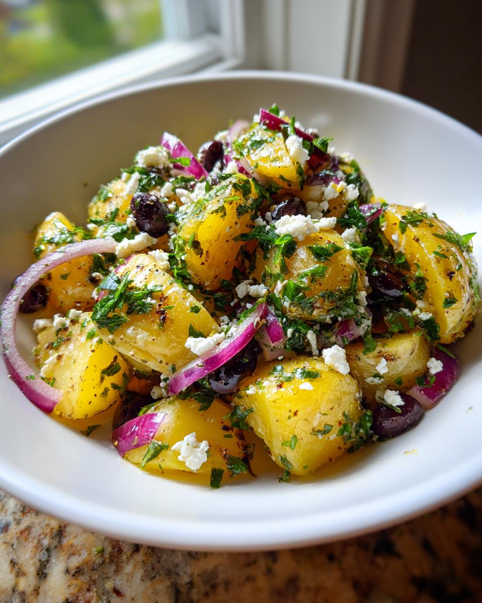 Close-up of a white bowl filled with vibrant greek potato salad featuring yellow potatoes, red onion, feta, and Kalamata olives.