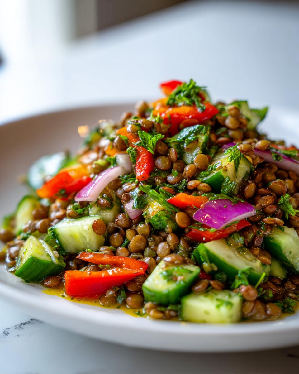 Close-up of a vibrant lentil salad featuring brown lentils, chopped cucumbers, red bell peppers, and red onion.