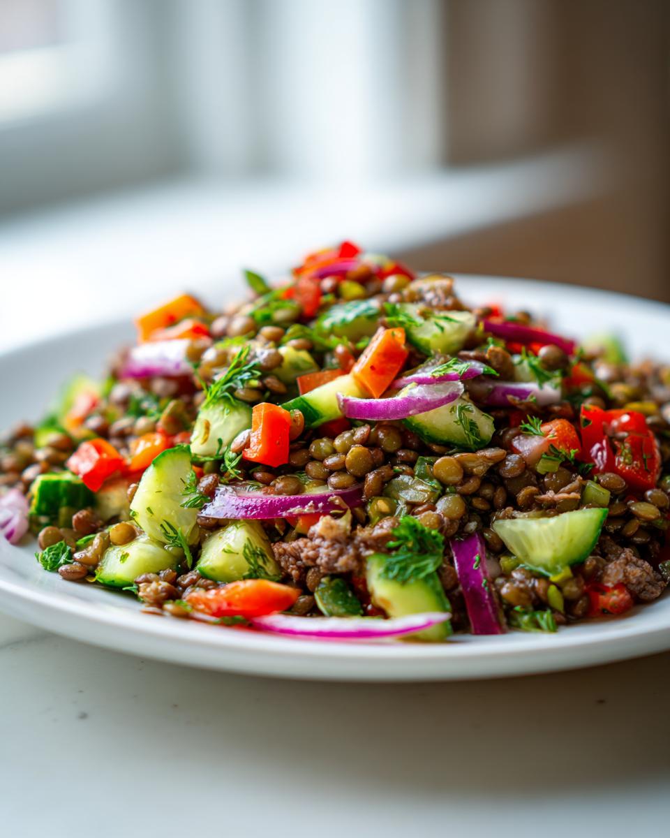A close-up of a vibrant lentil salad piled high with brown lentils, sliced cucumbers, red onion, and diced red peppers.