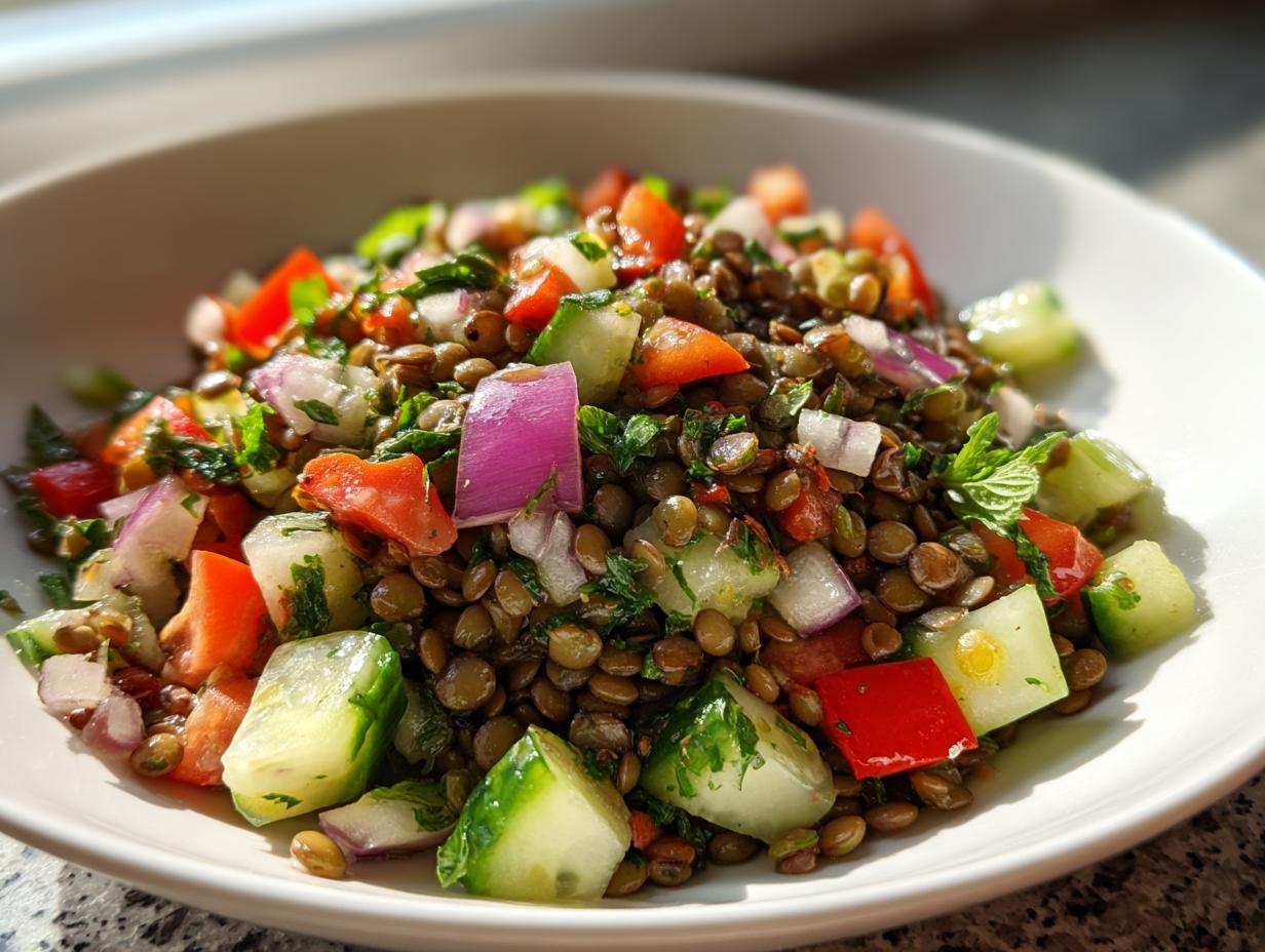 Close-up of a fresh lentil salad featuring brown lentils, diced cucumber, red onion, tomato, and mint.