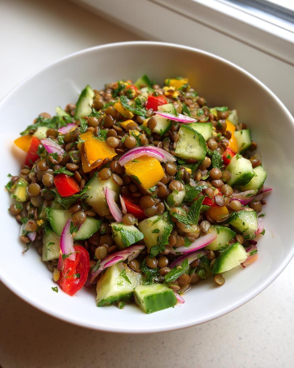 Close-up of a vibrant lentil salad mixed with chopped cucumber, red onion, yellow pepper, and mint leaves in a white bowl.