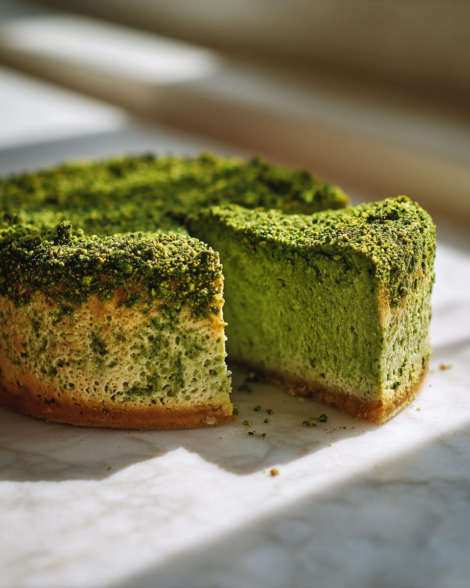 A vibrant green pistachio cheesecake with a slice cut out, generously topped with crushed pistachios.