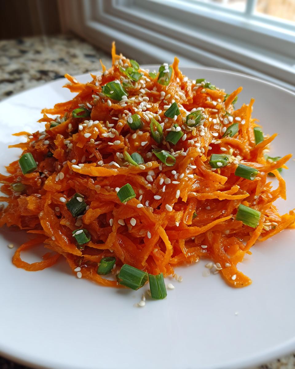 A vibrant mound of shredded raw carrot salad topped with toasted sesame seeds and chopped green onions on a white plate.