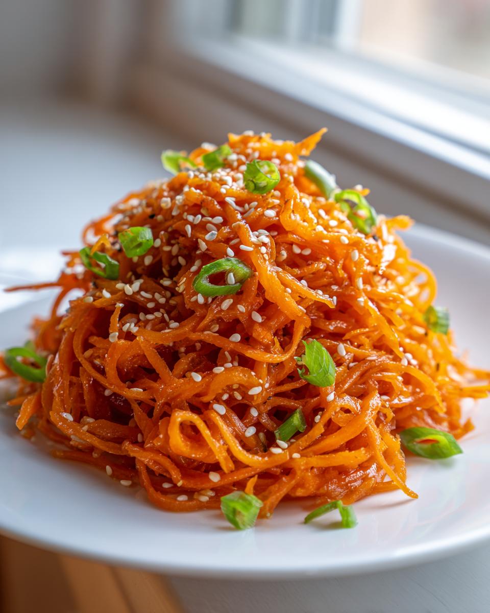 A mound of bright orange, shredded raw carrot salad topped with white sesame seeds and sliced green onions.
