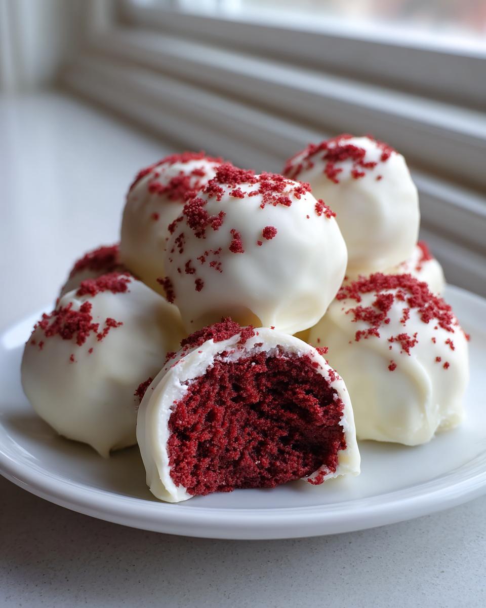 A stack of white chocolate covered red velvet cake balls, one is cut open showing the deep red interior.