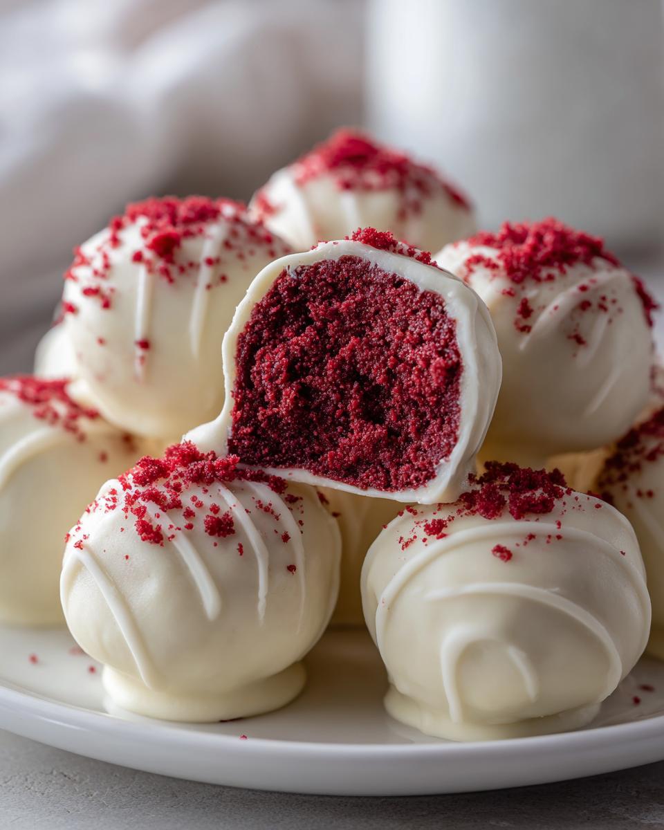 A stack of white chocolate covered red velvet cake balls, one cut in half showing the deep red interior.