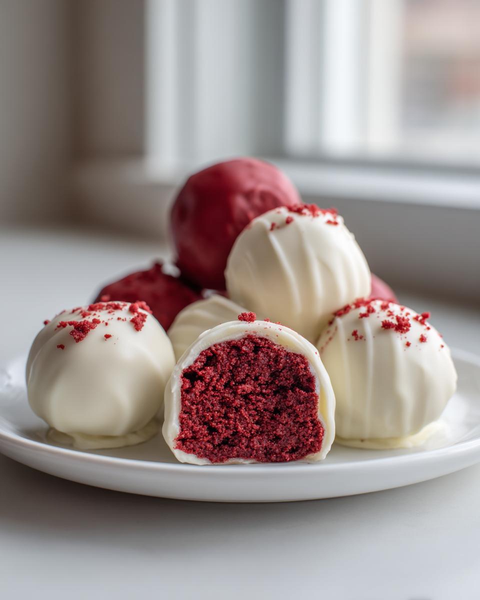 A plate of white chocolate coated red velvet cake balls, one cut in half showing the deep red interior.