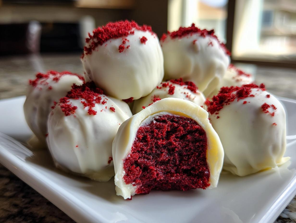 A pile of white chocolate coated red velvet cake balls, one cut in half showing the rich red interior and red crumb topping.