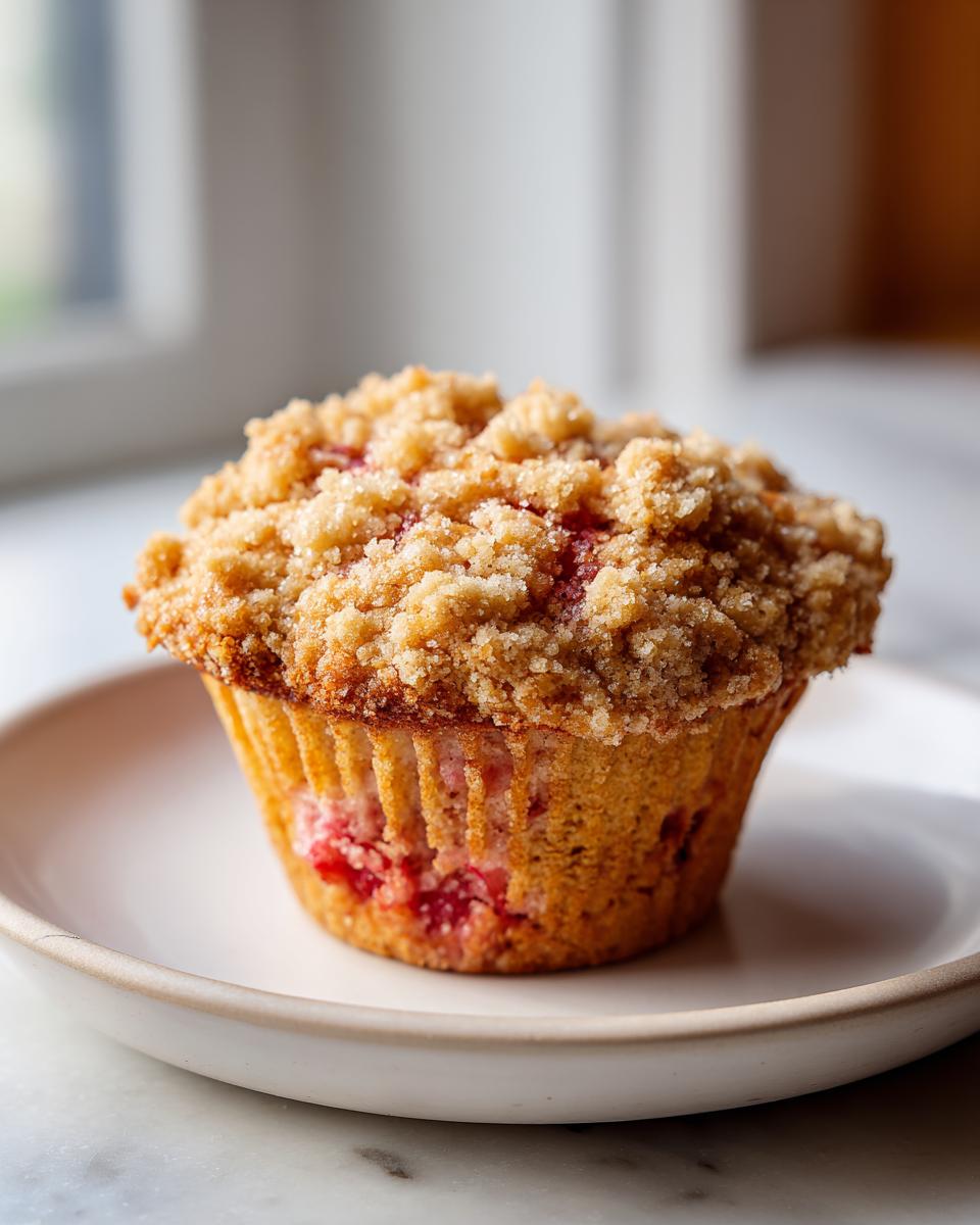 A single, perfectly baked Whole Wheat Rhubarb Streusel Muffin topped with a thick, sugary crumble, sitting on a white plate.