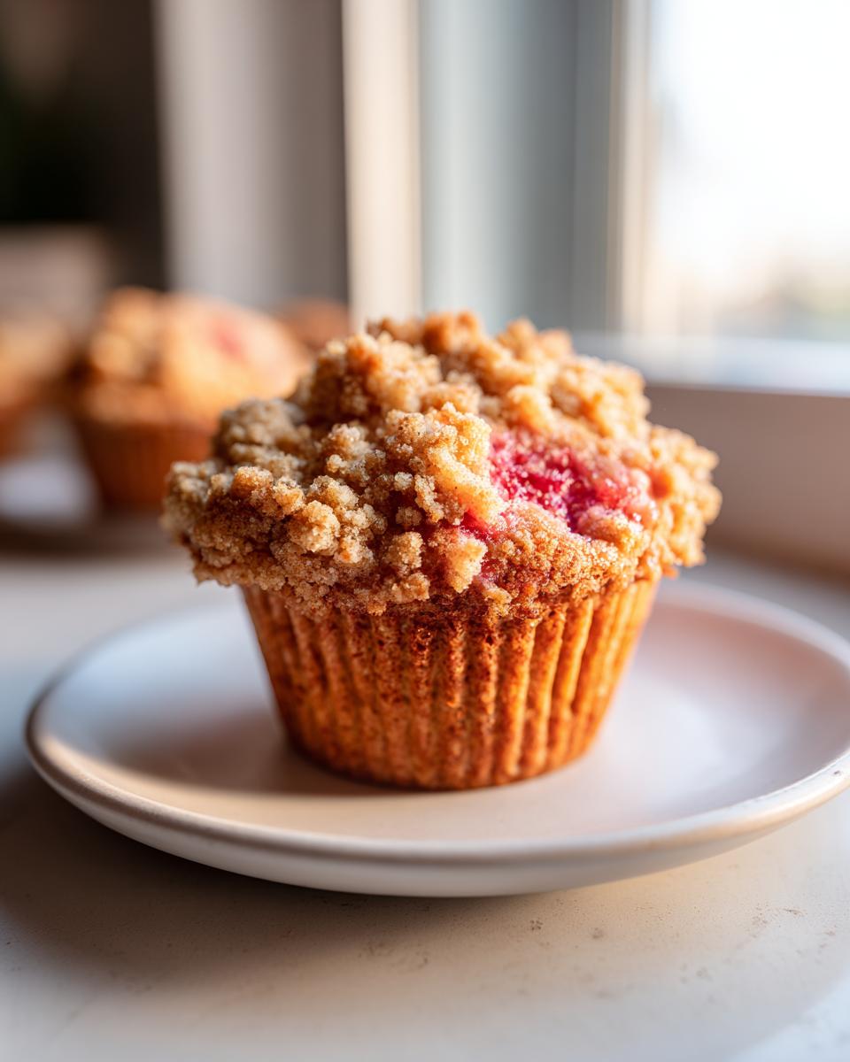 A close-up of a single Whole Wheat Rhubarb Streusel Muffin topped with crunchy streusel and visible pink rhubarb filling.