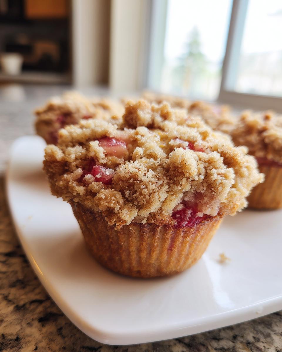 Close-up of a moist Whole Wheat Rhubarb Streusel Muffin topped with a thick layer of crumbly streusel.