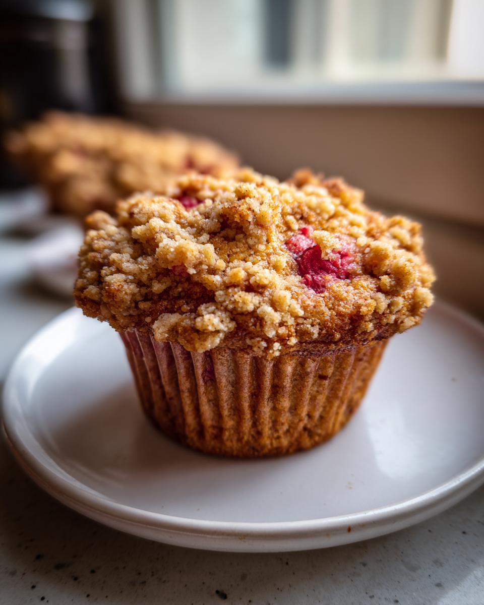 A close-up of a Whole Wheat Rhubarb Streusel Muffin with a thick, golden crumble topping and visible bits of pink rhubarb.