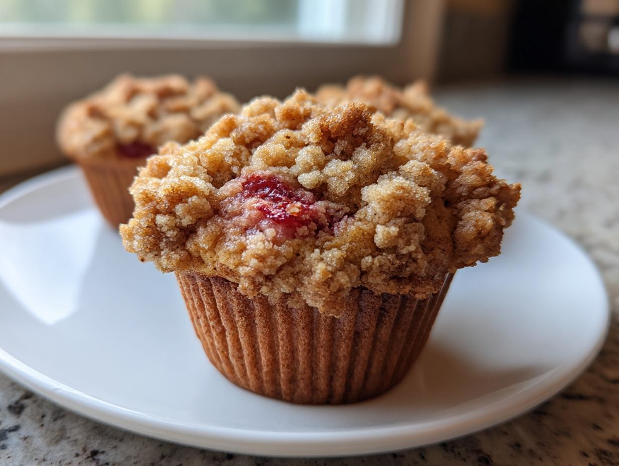 Close-up of a Whole Wheat Rhubarb Streusel Muffins with a thick, crumbly topping and visible red rhubarb filling.